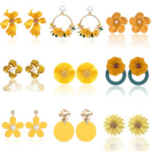 Korean Fashion Paint Pearl Plant Sweet Yellow Flower Earrings for Women Boho Jewelry
